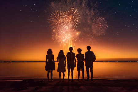 Silhouette of a group of friends with fireworks in the backgroundの素材
