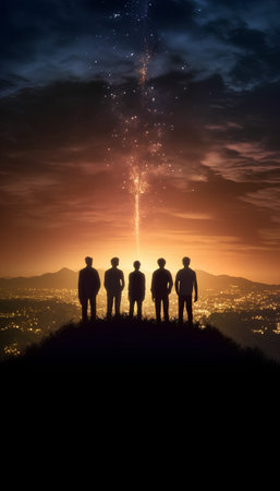 Silhouettes of people standing on top of a mountain and watching the sunsetの素材