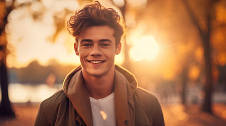Handsome young man in a coat is standing in the autumn park and smiling.の素材