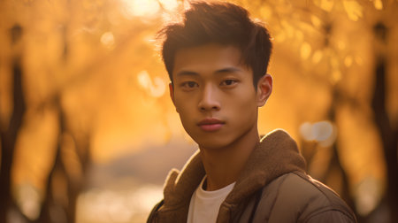 Portrait of young handsome Asian man in autumn park. Soft focus.の素材