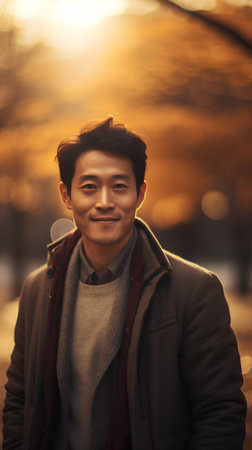 Portrait of a young handsome asian man in the autumn parkの素材