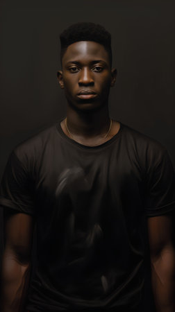 Young african american man in black t-shirt. Studio shot.の素材