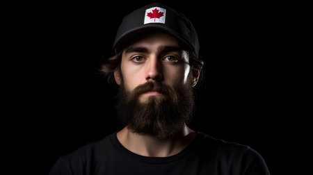 Portrait of a handsome young man with a long beard and a cap on a black backgroundの素材