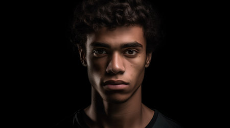 Portrait of a young man with afro hairstyle on black backgroundの素材