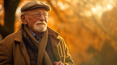 Portrait of an elderly man in a coat and cap on a background of autumn trees.の素材