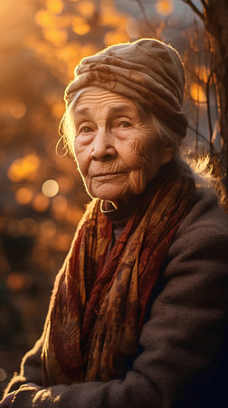 Portrait of an elderly woman in the autumn forest. Portraitの素材
