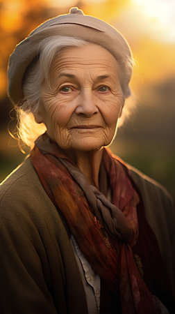 Portrait of an elderly woman on a background of the setting sunの素材