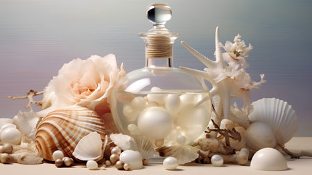 Bottle of perfume with pearl necklace, seashells and rose flowerの素材