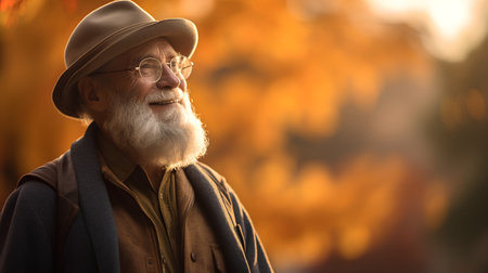 Portrait of a senior man in a hat and coat in autumn park.の素材