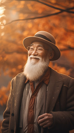 Portrait of an old man in a hat and coat in the autumn park.の素材