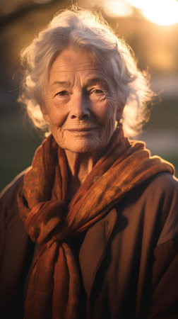 Portrait of a beautiful senior woman in the park at sunset.の素材