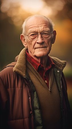 Portrait of an old man in a park. Toned.の素材