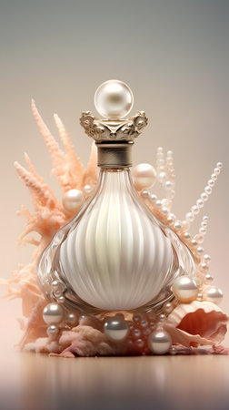 Perfume bottle with pearls and seashells on backgroundの素材