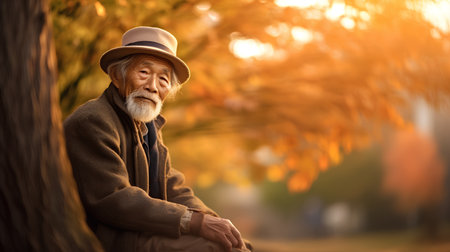 Portrait of an old man sitting in a park in autumn.の素材