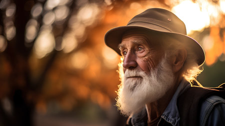 Portrait of an old man in a hat on a background of autumn trees.の素材