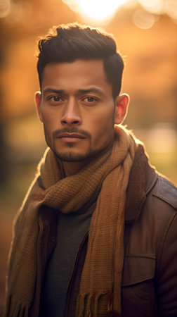 Portrait of a handsome young man in the autumn park. Men's beauty, fashion.の素材