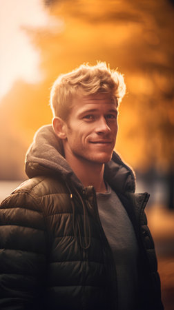 Portrait of a handsome young man in the autumn park. Men's beauty, fashion.の素材