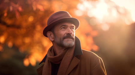 Portrait of senior man in hat and coat in autumn park.の素材