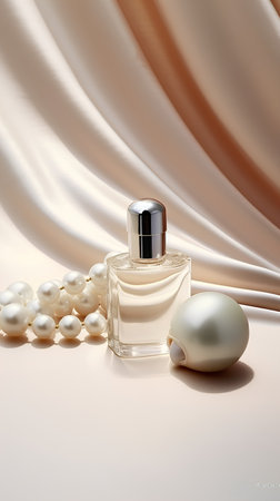 Perfume bottle with pearls on silk background. 3d renderの素材
