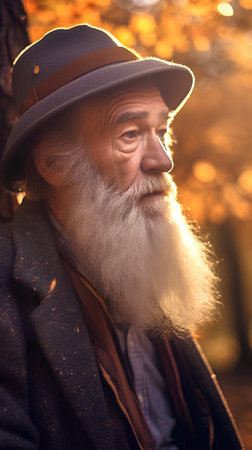 Portrait of an old man with white beard and hat in autumn park.の素材