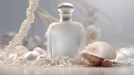 3d illustration of perfume bottle with pearl necklace and seashellsの素材