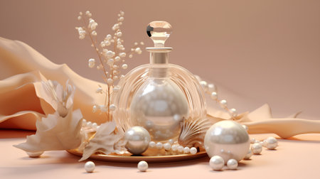 3d render of perfume bottle with pearls and seashellsの素材
