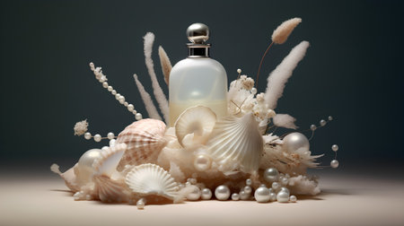 Perfume bottle and seashells, 3d render illustrationの素材