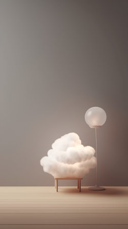 3D rendering of a white cloud with a lamp on a wooden bench.の素材