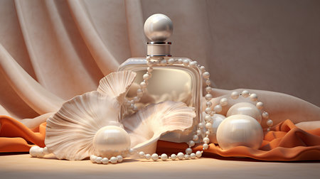 Perfume bottle with pearls and seashells, 3d illustrationの素材