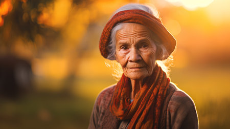 Portrait of an elderly woman in a hat in the park at sunsetの素材