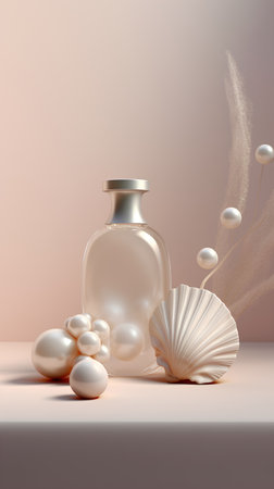 Minimalistic background with sea shells and perfume bottle. Vector illustration.の素材