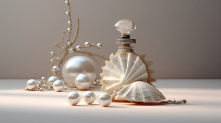 Perfume bottle with pearls and seashells. 3d renderの素材