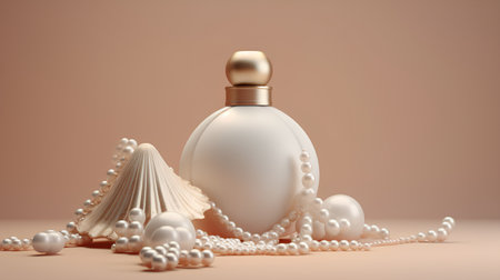 Perfume bottle with pearls and seashells, 3d renderの素材