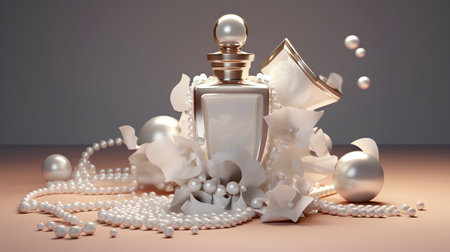 Perfume bottle with pearls and pearls, 3d renderの素材