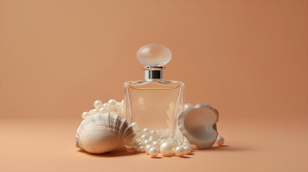 Perfume bottle with pearls and seashells. 3d illustrationの素材