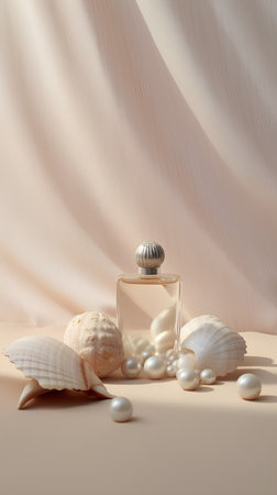 Bottle of perfume with pearls and seashells on beige backgroundの素材