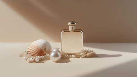Perfume bottle with pearls and seashell on beige background. 3d renderの素材