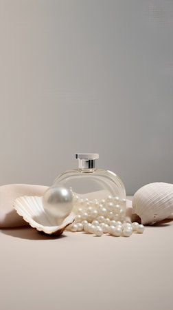 Bottle of perfume with pearl necklace and seashells on beige backgroundの素材