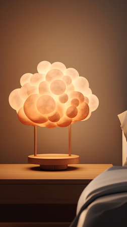 3d rendering of a wooden table with a lamp and a bed.の素材