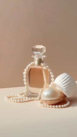 Bottle of perfume with pearls and seashell on beige backgroundの素材