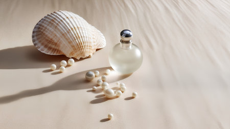 Bottle of perfume and seashells on sand. Beauty and spa concept.の素材