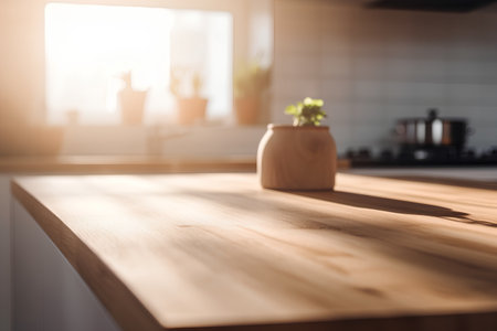 Wooden table in a modern kitchen. Blurred background. Copy space.の素材