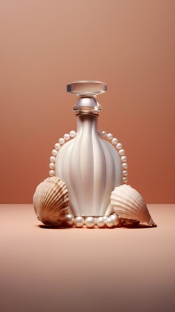 Bottle of perfume with pearl necklace and seashells on brown backgroundの素材