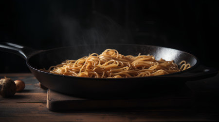 Noodles in a frying pan on a wooden table. Dark background.の素材