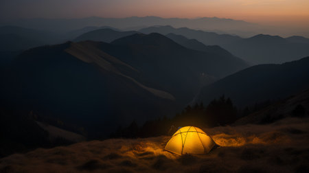 Camping in the mountains at sunset,3d render illustration.の素材