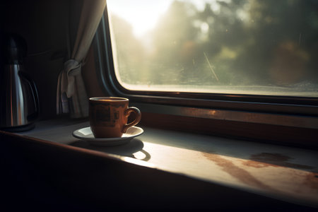 Coffee cup on the windowsill of a train in the morningの素材