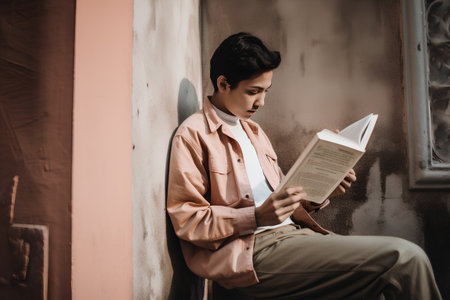 young asian man reading book while sitting on stairs in city streetの素材