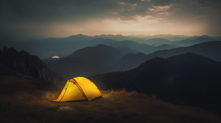 Tent in the mountains at sunset. Camping in the valley.の素材