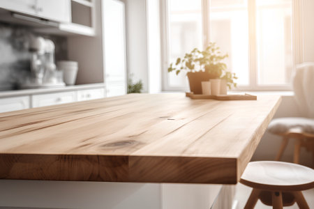 Close up of wooden table in modern kitchen. Mock up, 3D Renderingの素材