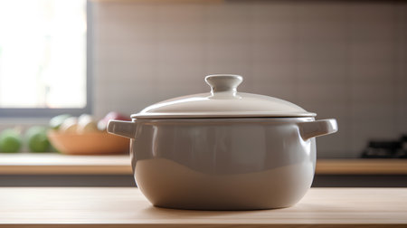 Cooking pot on wooden table in modern kitchen. 3d renderの素材